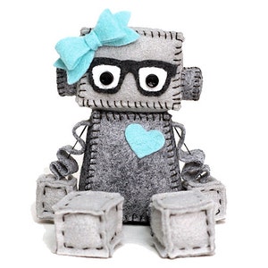 Geek Girl Robot with Heart and Bow, Nerdy Glasses in Grey and Pick Your Color Accessories, Customized Robot Gift image 1
