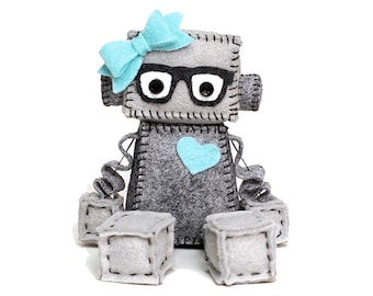 Geek Girl Robot with Heart and Bow, Nerdy Glasses in Grey and Pick Your Color Accessories