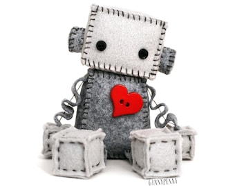 Plush Robot with a Big Red Heart - Geeky Gift - Nerdy Stuffed Plushie - Felt Robot Collectible
