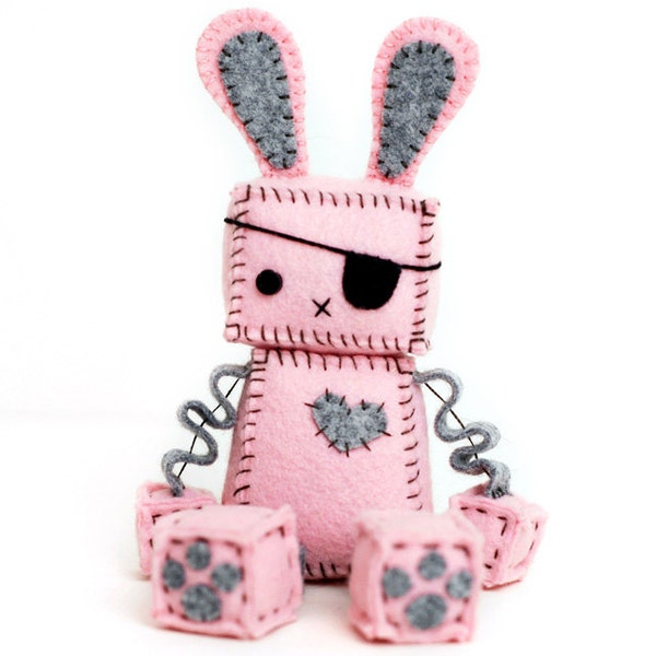 Pink Punk Robot Bunny with an Eye Patch, Bunny Ears and Paw Prints, Pirate Bunny Rabbit