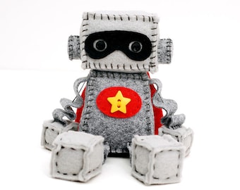 Custom Superhero Plush Robot - With Cape and Mask - Pick Initials or Star Button