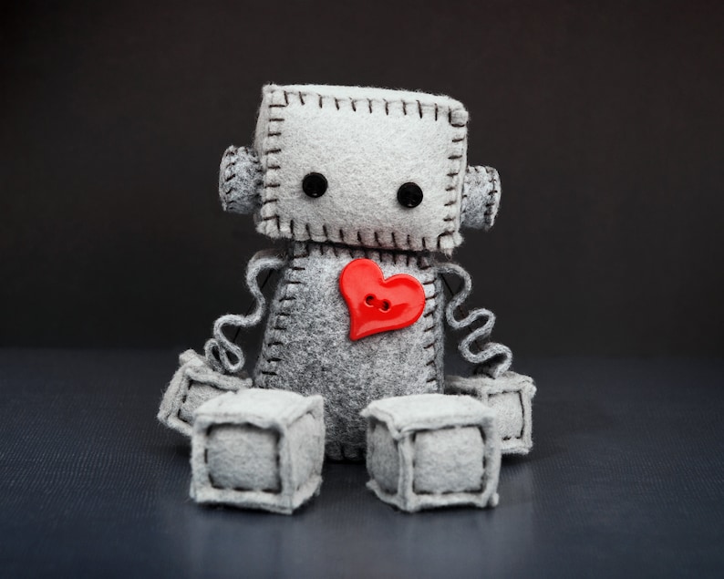 Plush Robot with a Big Red Heart Geeky Gift Nerdy Stuffed Plushie Felt Robot Collectible Handmade Gift image 4