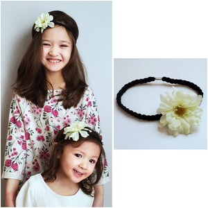Flower Girl Bridesmaid Ivory Flower on Braided Black Stretch Headband