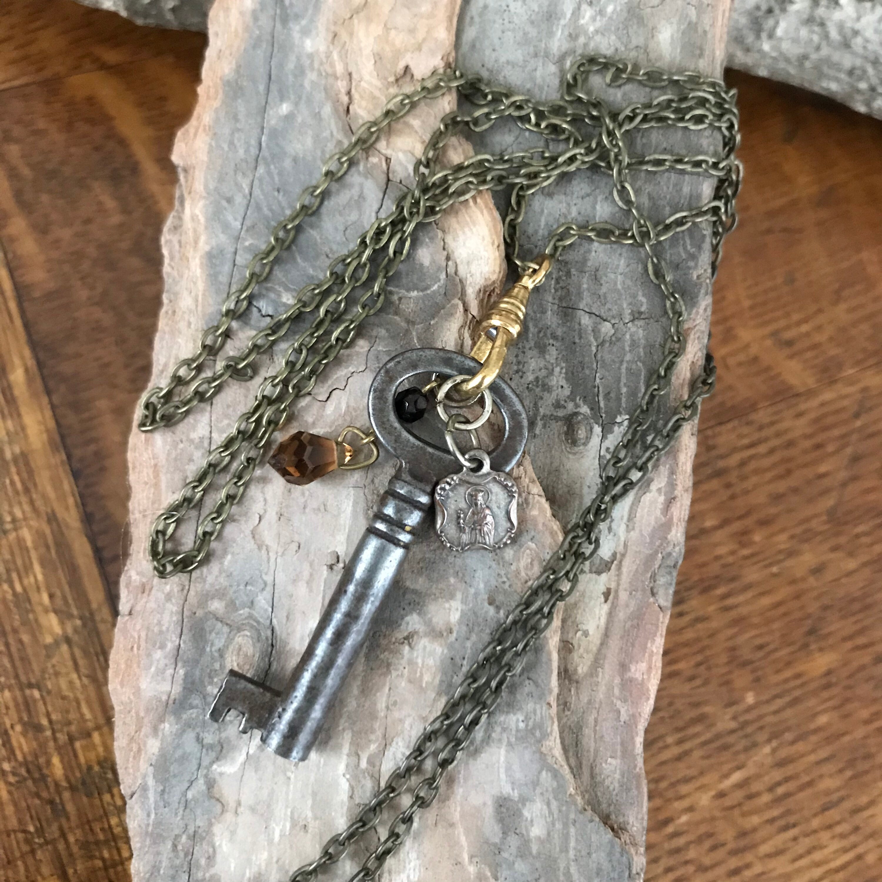 Antique Industrial Key and Fob Necklace Assemblage Amber - Etsy