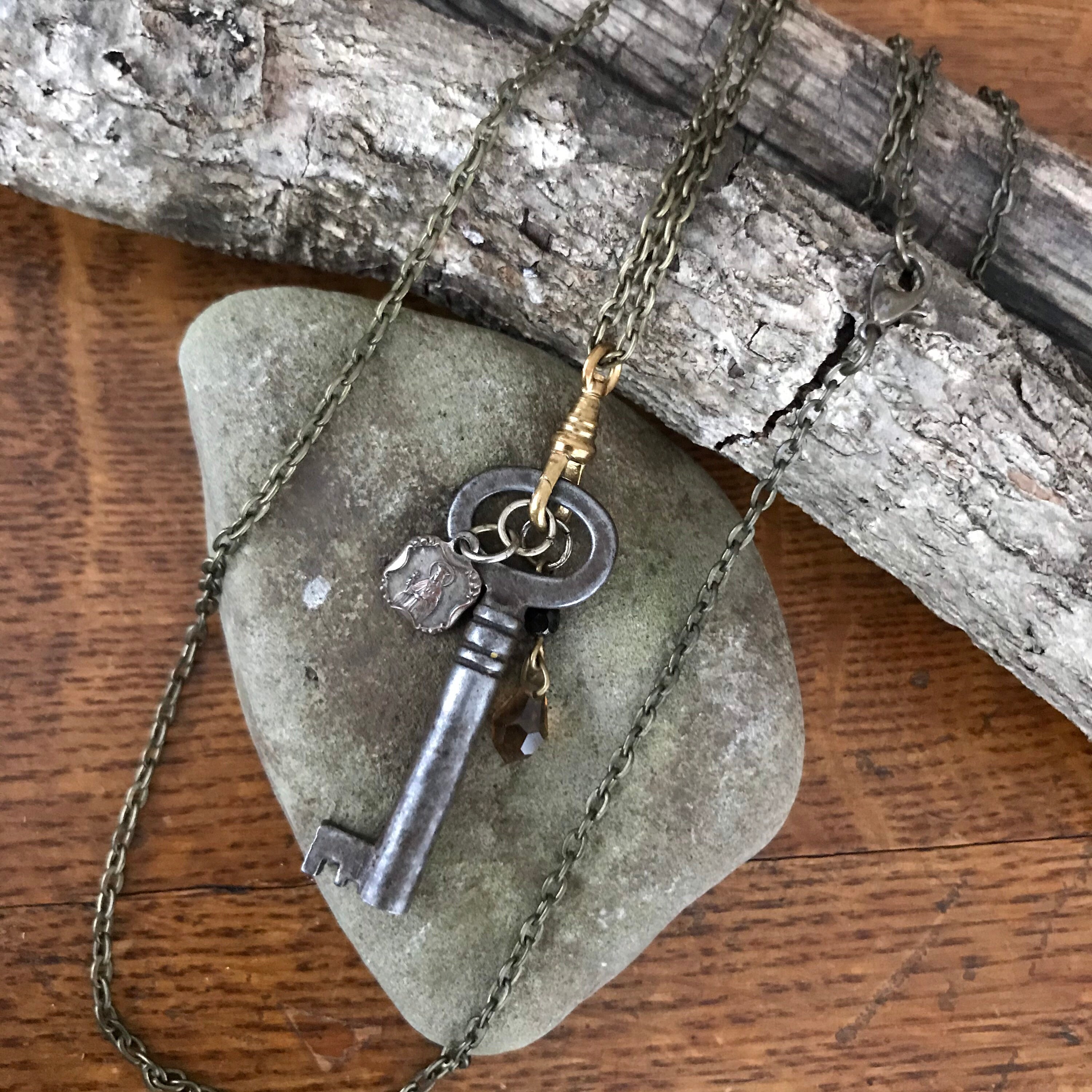 Antique Industrial Key and Fob Necklace Assemblage Amber - Etsy