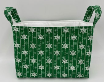 Snowflake on Green Fabric Basket - Organizer Bin - Personalized Gift Basket
