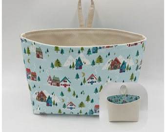 Christmas Cabins Reversible Fabric Basket - Personalized Gift Basket - Hanging Storage Basket  - Organizer Bin