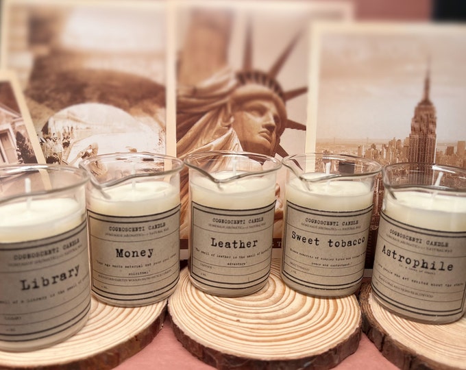 Beaker candle, Petrichor candle,library scented, tobacco scented, leather scented, ocean scented, Science gifts, geek gifts