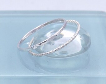 Two Silver Stacking Rings, 1mm Wide Twisted & Hammered Rings, Set of Two Sterling Silver Rings, Stack Rings