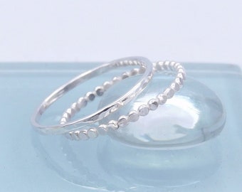 Two Silver Stacking Rings, 1.5mm Wide Pounded Bead Ring & 1.3mm Wide Hammered Ring, Set of Two Sterling Silver Rings, Stack Rings