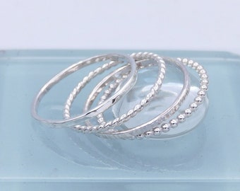 Four Silver Stacking Rings, 1.5mm Wide Bead Ring and 1.3mm Wide Twisted, Hammered, & Birch Textured Rings, Set of Four Sterling Silver Rings