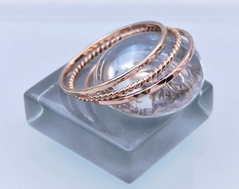 3 Rose Gold Stacking Rings, 1mm Wide Hammered & Twisted Rings, Set of Three 14K Rose Gold Filled Stacking Rings