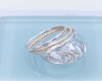 3 Silver & Gold Stacking Rings, 1mm Wide Twisted and Hammered Rings, Set of Three 14K Gold Filled and Sterling Silver Rings, Stack Rings