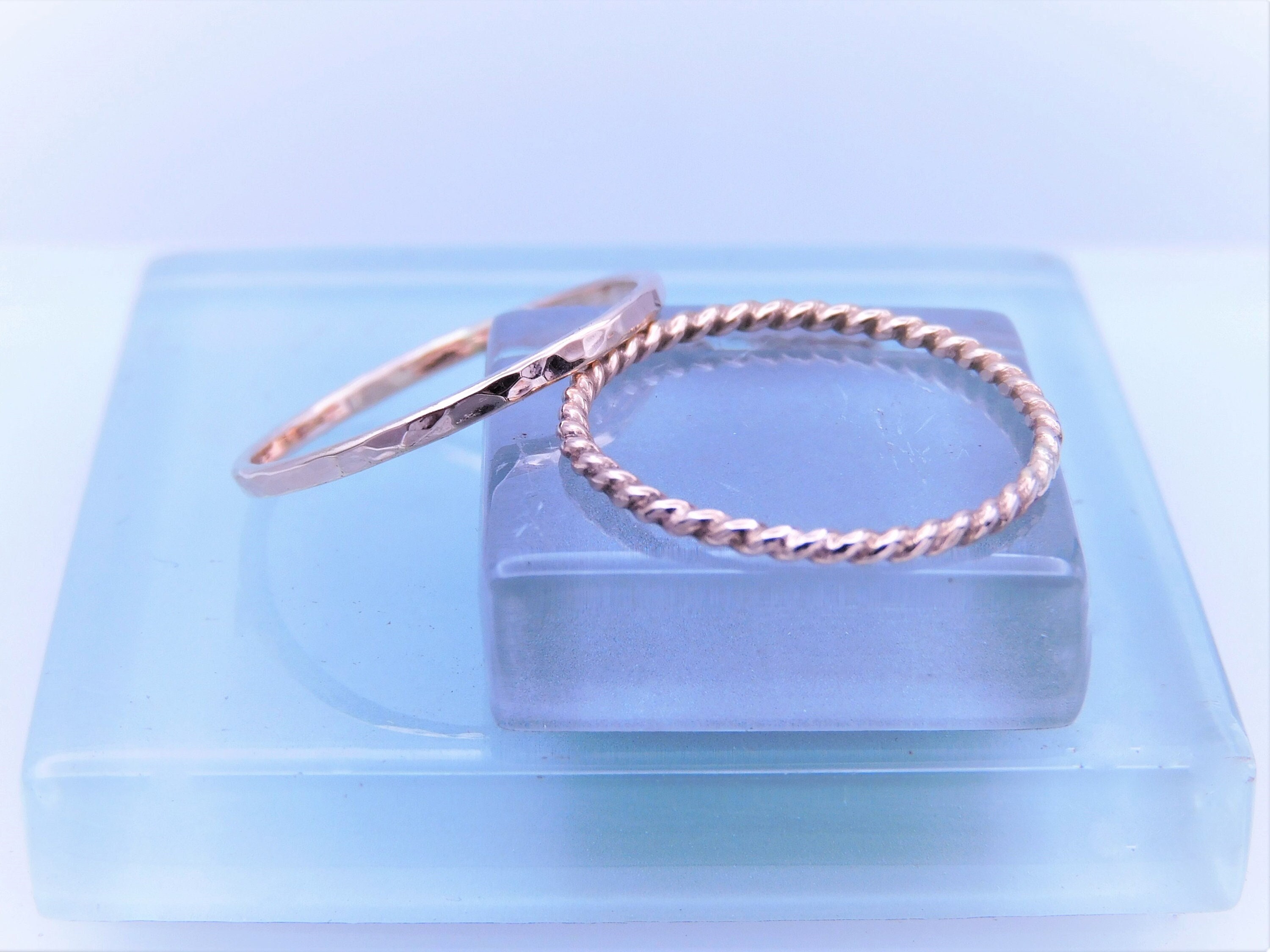 2 Rose Gold Stacking Rings 1mm Wide Twisted & Hammered Rings Etsy