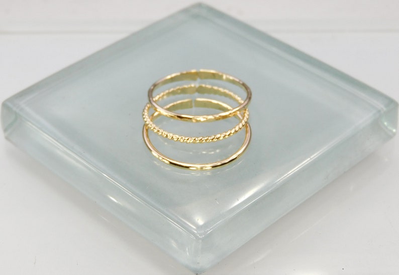 3 Gold Toe Rings, Adjustable Hammered, Twisted, & Smooth Stacking Toe Rings, 1mm Wide 14K Gold Filled Toe Ring Set image 2