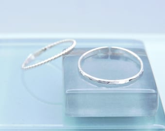 Two Silver Toe Rings, Adjustable Hammered and Twisted Stacking Toe Rings, 1mm Wide Sterling Silver Toe Rings