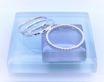 Three Silver Stacking Rings, 1.5mm Wide Bead Ring & Two 1.3mm Hammered Rings, Set of Three Sterling Silver Rings, Stack Rings
