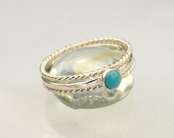 Turquoise & Sterling Silver Stacking Rings, One Hammered Ring With A Bezel Set 4mm Turquoise Plus Two Twisted Rings, Three 1.3mm Wide Rings