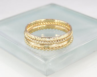 4 Gold Stacking Rings, 1.5mm Wide Bead Ring and 1.3mm Wide Hammered, Twisted, & Birch Textured Rings, Set of Four 14K Gold Filled Rings