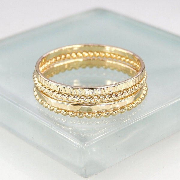 4 Gold Stacking Rings, 1.5mm Wide Bead Ring and 1.3mm Wide Hammered, Twisted, & Birch Textured Rings, Set of Four 14K Gold Filled Rings