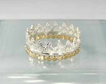 Sterling Silver Crown Ring and 1.5mm Wide 14K Gold Filled Pounded Bead Band, Set of Two Rings, Heart Motif Crown Ring