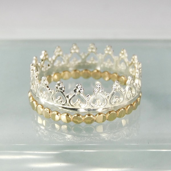 Sterling Silver Crown Ring and 1.5mm Wide 14K Gold Filled Pounded Bead Band, Set of Two Rings, Heart Motif Crown Ring