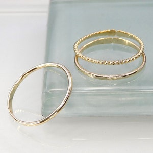 3 Gold Toe Rings, Adjustable Hammered, Twisted, & Smooth Stacking Toe Rings, 1mm Wide 14K Gold Filled Toe Ring Set image 1