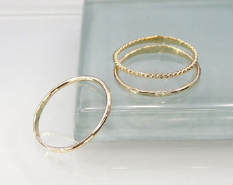 3 Gold Toe Rings, Adjustable Hammered, Twisted, & Smooth Stacking Toe Rings, 1mm Wide 14K Gold Filled Toe Ring Set