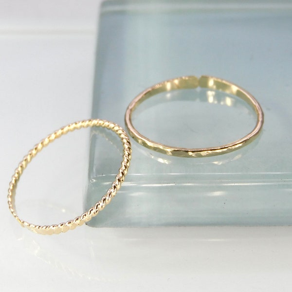 Two Gold Toe Rings, Adjustable Hammered & Twisted Stacking Toe Rings, 1mm Wide 14K Gold Filled Toe Ring Set