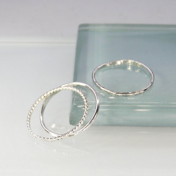 Three Silver Toe Rings, Adjustable Hammered, Twisted, and Smooth Stacking Toe Rings, 1mm Wide Sterling Silver Toe Ring Set