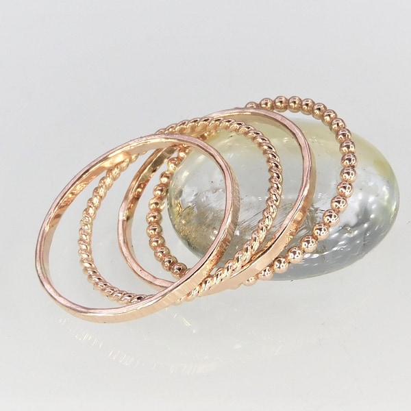 4 Rose Gold Stacking Rings, 1.5mm Wide Bead Ring & 1.3mm Wide Hammered, Twisted, and Birch Textured Rings, Set of 14K Rose Gold Filled Rings