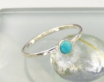 Turquoise & Silver Stacking Ring, Handcrafted 1.3mm Wide Sterling Silver Hammered Ring With 4mm Bezel Set Turquoise, Minimalist Stack Ring