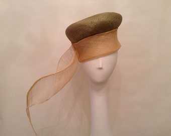 Couture Hat- Pillbox- Parisisal- Sinamay- Olive Ombre/Natural/Tan - "Beth" - Kentucky Derby- Wedding - Church-Women's Headwear- Millinery