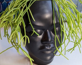 Female Head Face Ceramic Planter Pot Black Small with Drainage Hole 2.25" x 4.5"