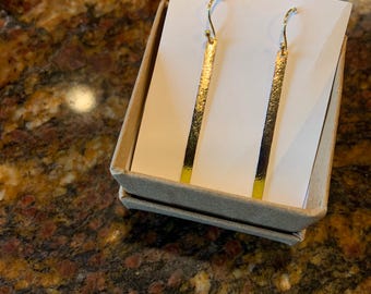 18K Gold Hammered Bar Dangle Drop Earrings