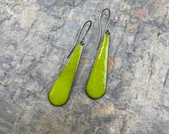 Chartreuse Green Enamel Earrings: Contents Jewelry, Modern, Droplet, Artisan