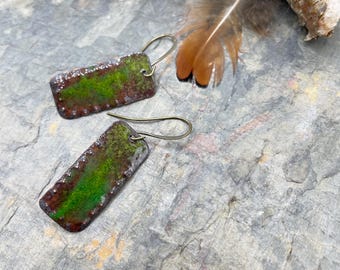 Handcrafted Artisan Enamel Earrings: Rustic Green and Earthy At Contents Jewelry