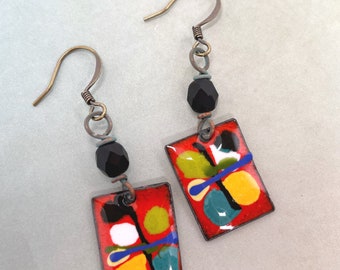 Red Abstract Enamel Colorful Earrings at Contents Jewelry