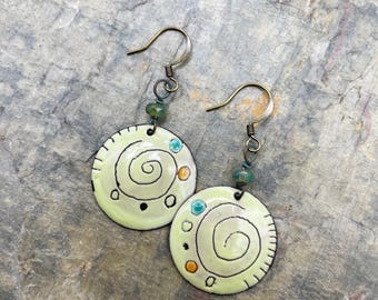 Handcrafted Enamel Earrings: Sgraffito, Green, Unique, Contents Jewelry