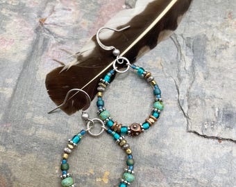 Beaded Hoop Earrings: Green, Blue, Mixed Metal