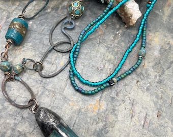 Unique Handcrafted Ling Necklace: Blue, Mixed Metals, Glass Beads, Rustic and Artsy