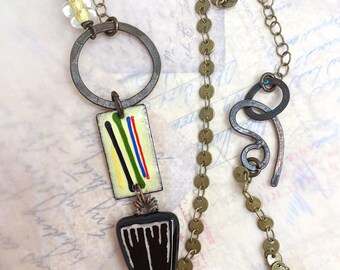 Unique Artisan Eclectic Enamel and Ceramic Long Necklace at Contents Jewelry