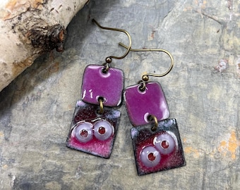 Pendientes de esmalte hechos a mano: morados, artísticos, colgantes, Contenido de joyería