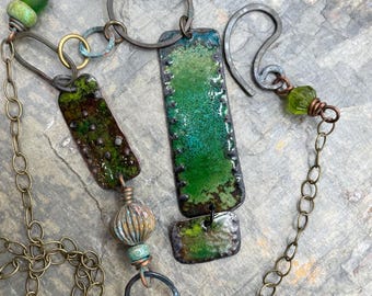 Artisan Mixed Metal Enamel Necklace: Rustic, Copper, Earthy, Green, Asymmetrical, Long, At Contents Jewelry