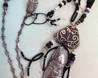 Raven and Owl Black and White Long Artisan Necklace at Contents Jewelry