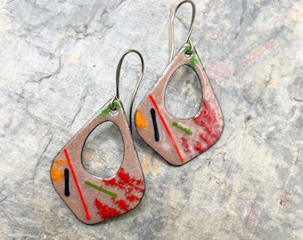 Painterly Earthy Enamel Earrings: Statement, Dangle, Red, Taupe, Artisan