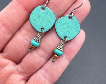 Artisan Enameled Earrings in Turquoise Greenish Color at Contents Jewelry