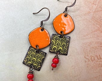 Artisan Enamel Earrings: Orange, Green, Red, Colorful, Artsy, Contents Jewelry