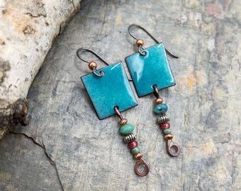 Handcrafted Enamel Earrings: Blue Lagoon Beaded Dangle