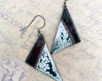 Artisan Enamel Earrings in Black and Splattered Turquoise at Contents Jewelry